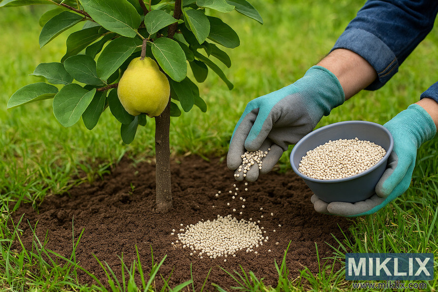 Gardener applying granular fertilizer around the base of a quince tree