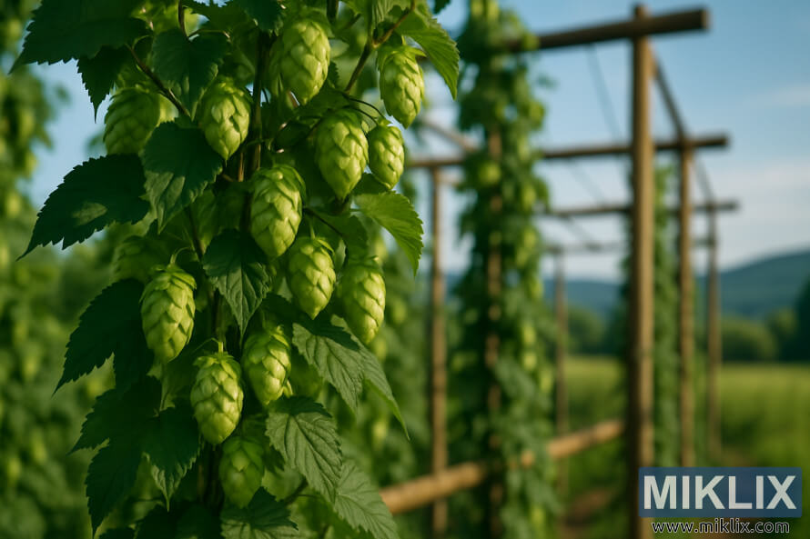 Arxa fonda pastoral mÉnzÉrÉ ilÉ Ã§ardaqda bÃ¶yÃ¼yÉn Feux-Coeur hop konuslarÄ±nÄ±n yaxÄ±ndan gÃ¶rÃ¼nÃ¼ÅÃ¼.
