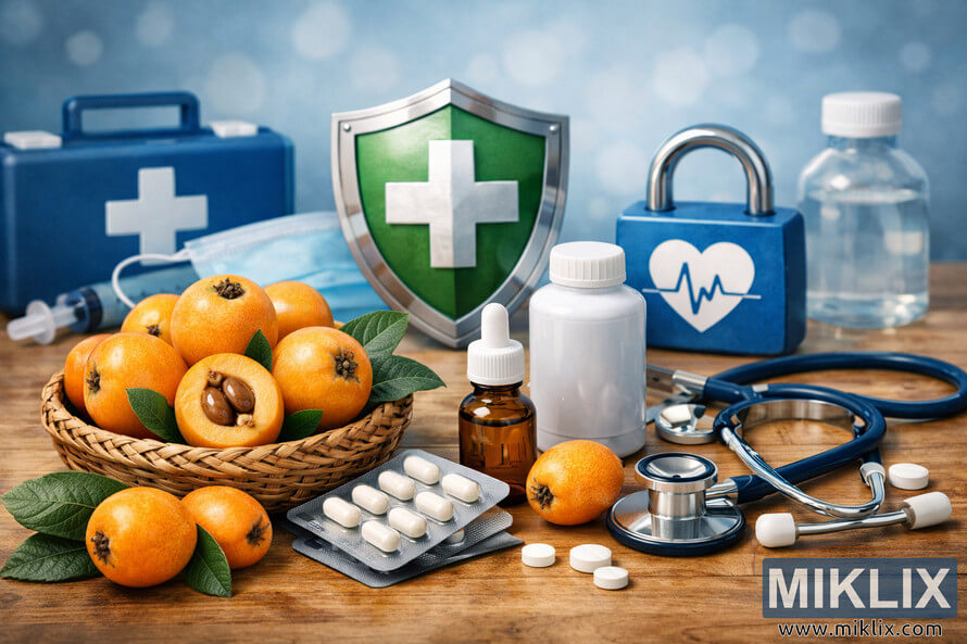A detailed landscape photograph showing loquat fruits alongside medical safety items such as a stethoscope, pill bottles, and a green shield with a white cross symbol, all arranged on a wooden surface with a soft blue background. A detailed landscape photograph showing loquat fruits alongside medical safety items such as a stethoscope, pill bottles, and a green shield with a white cross symbol, all arranged on a wooden surface with a soft blue background.