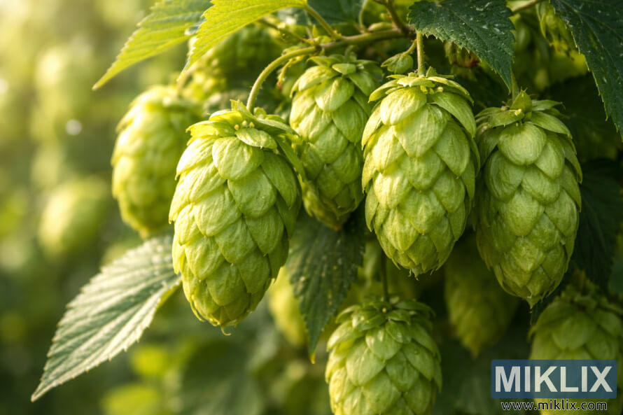 Close-up landscape photo of ripe green Cluster hop cones hanging from a vine with leaves in warm sunlight.