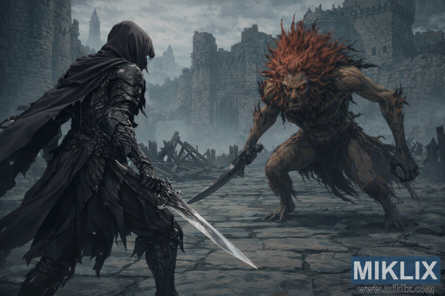 Szene im Anime-Stil: Der Tarnished in Black Knife-RÃ¼stung steht dem Leonine Misbegotten-Boss im zerstÃ¶rten Innenhof von Schloss Morne kurz vor dem Kampf gegenÃ¼ber.