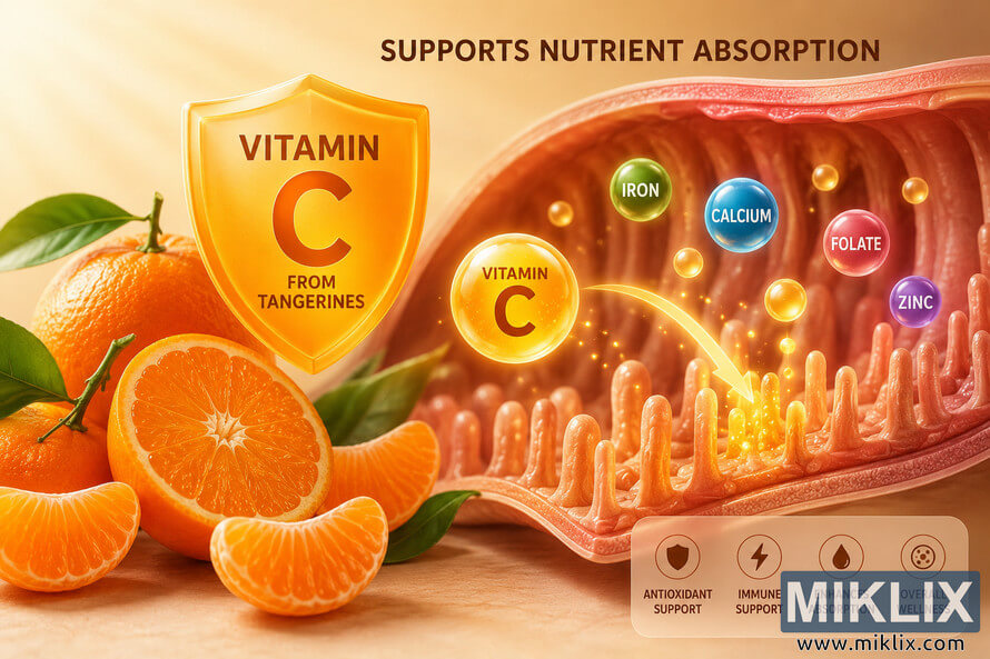 Landscape concept illustration showing fresh tangerines, a glowing vitamin C shield, a stylized intestinal cross-section with nutrient spheres labeled iron, calcium, folate, and zinc, and visual elements representing vitamin C supporting nutrient absorption in a warm orange educational infographic style without any brands. Landscape concept illustration showing fresh tangerines, a glowing vitamin C shield, a stylized intestinal cross-section with nutrient spheres labeled iron, calcium, folate, and zinc, and visual elements representing vitamin C supporting nutrient absorption in a warm orange educational infographic style without any brands.