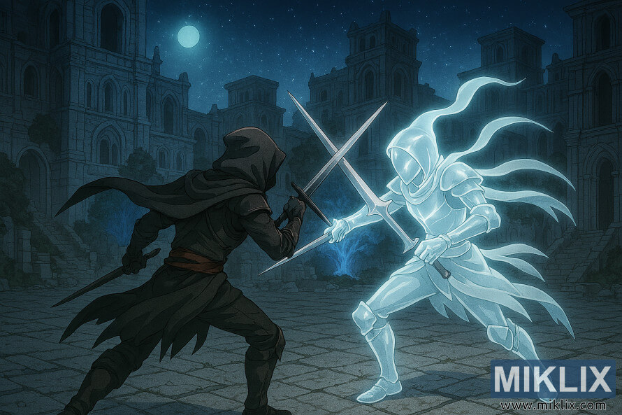 Fan art style anime montrant les Tarnished et Mimic Tear se battant dans Nokron Eternal City sous un angle surÃ©levÃ©