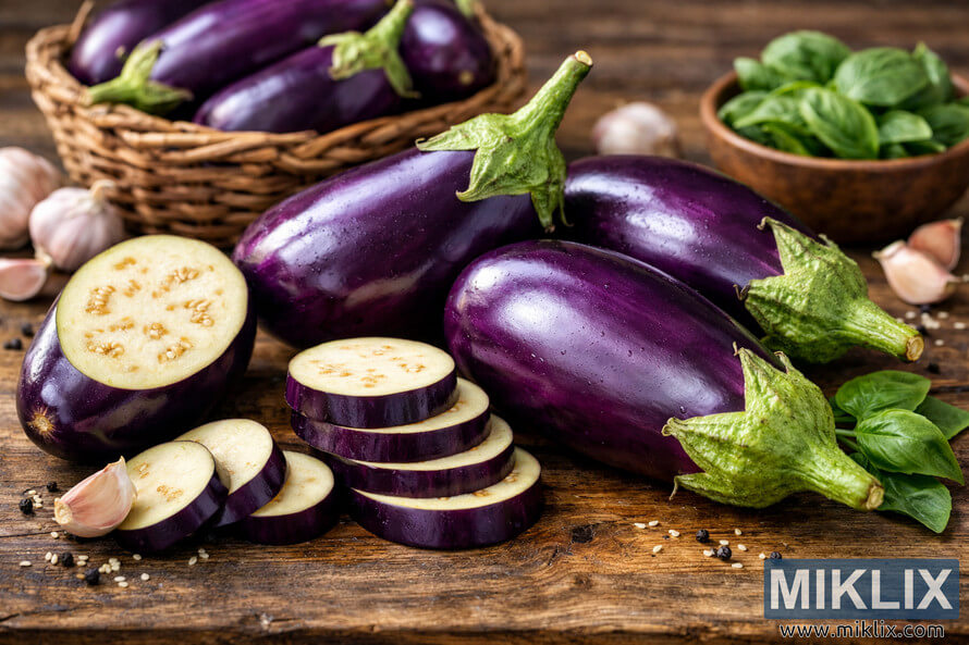 A close-up landscape photograph of fresh purple eggplants with glossy skin and bright green stems arranged on a rustic wooden surface, surrounded by sliced pieces, garlic cloves, basil leaves, and a wicker basket in the background. A close-up landscape photograph of fresh purple eggplants with glossy skin and bright green stems arranged on a rustic wooden surface, surrounded by sliced pieces, garlic cloves, basil leaves, and a wicker basket in the background.