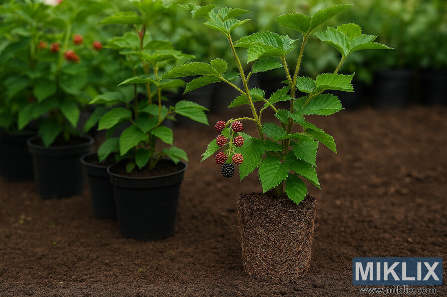 Des plants de mÃ»rier dans des pots de pÃ©piniÃ¨re noirs, sur un sol labourÃ©, l'un d'eux montrant des racines apparentes et des baies en maturation.