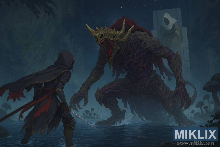 AÃ°dÃ¡endamynd Ã­ anime-stÃ­l af Tarnished in Black Knife brynjunni sem stendur frammi fyrir Dragonkin Soldier yfirmanninum Ã­ Siofra Ã¡nni frÃ¡ Elden Ring.