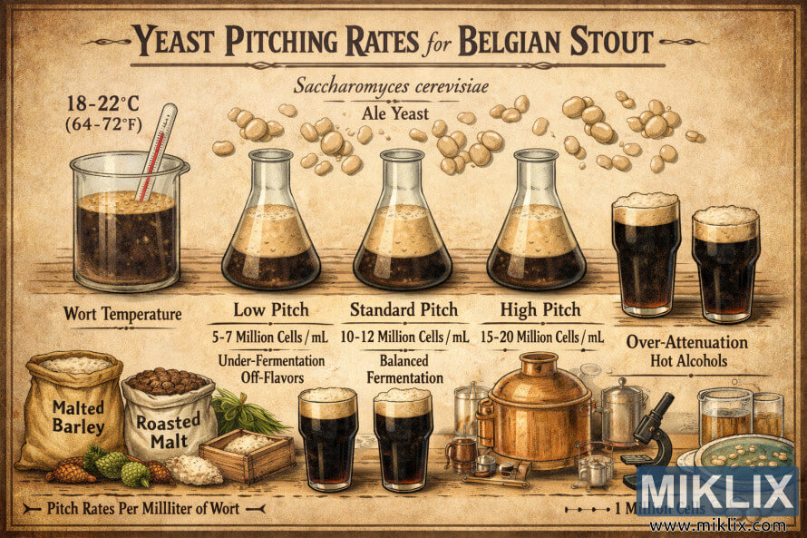 Infographic in vintage-stijl over het brouwen van Belgische stout, met de juiste gistdosering: worttemperatuur 18â22 °C en lage, standaard en hoge doseringen (5â7, 10â12, 15â20 miljoen cellen/ml) met de bijbehorende smaakresultaten. Infographic in vintage-stijl over het brouwen van Belgische stout, met de juiste gistdosering: worttemperatuur 18â22 °C en lage, standaard en hoge doseringen (5â7, 10â12, 15â20 miljoen cellen/ml) met de bijbehorende smaakresultaten.