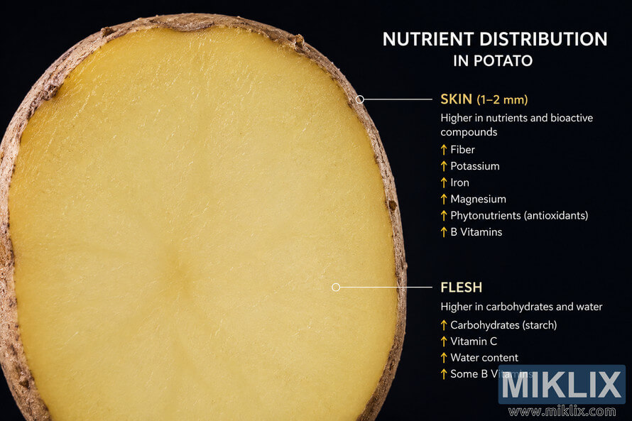 High-resolution landscape infographic showing a cross-section of a potato with labeled callouts explaining how nutrients are distributed between the thin outer skin and the inner flesh. High-resolution landscape infographic showing a cross-section of a potato with labeled callouts explaining how nutrients are distributed between the thin outer skin and the inner flesh.
