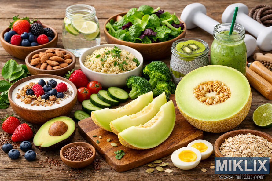 A vibrant landscape photo of healthy foods arranged on a rustic wooden table, featuring sliced honeydew melon surrounded by fruits, vegetables, grains, nuts, and smoothies. A vibrant landscape photo of healthy foods arranged on a rustic wooden table, featuring sliced honeydew melon surrounded by fruits, vegetables, grains, nuts, and smoothies.