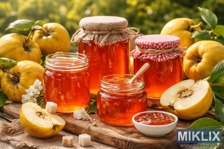 Glass jars of traditional quince jelly on a rustic wooden board surrounded by fresh quinces, one cut open, with sugar cubes and blossoms in warm sunlight.