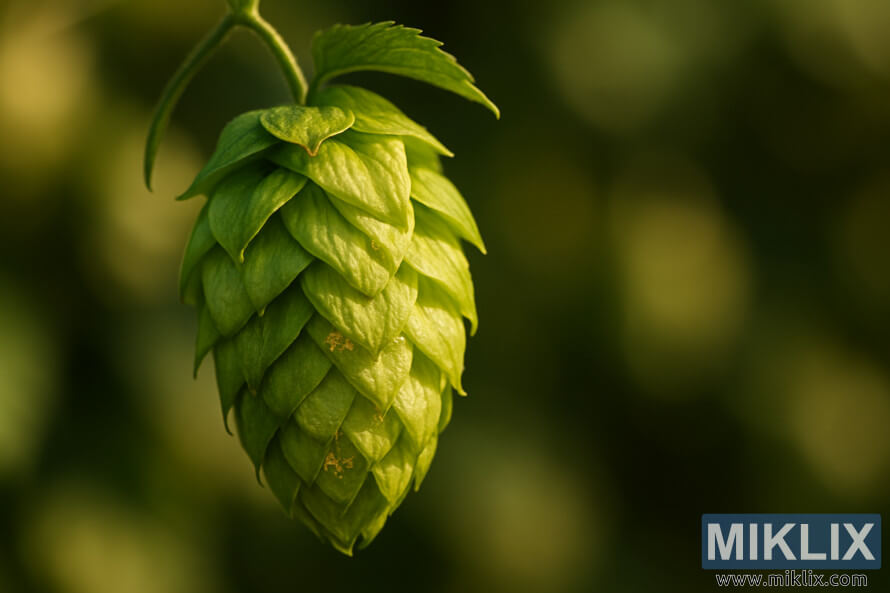 SzczegÃ³Åowe zbliÅ¼enie zielonej szyszki chmielu odmiany Cicero oÅwietlonej ciepÅym, naturalnym ÅwiatÅem, na delikatnie rozmytym tle.