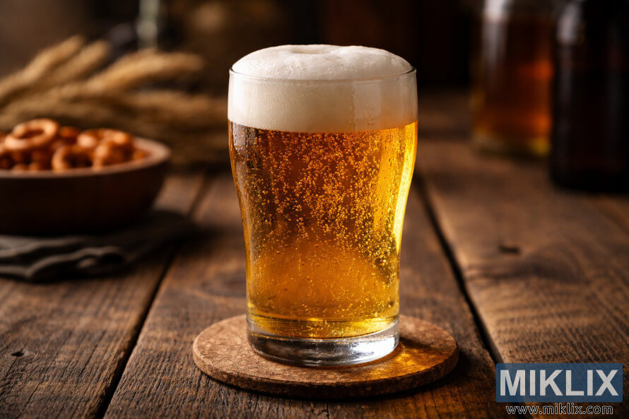 Close-up of a golden lager with a foamy head in a clear glass on a rustic wooden table, softly lit with a blurred background.