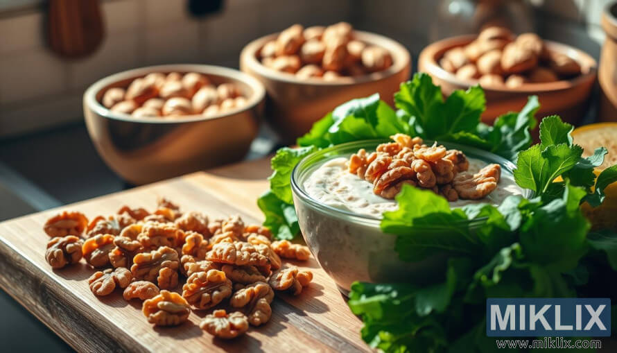 Narezani orehi na deski za rezanje s solato in skledo ovsenih kosmiÄev, posutih z orehi. Narezani orehi na deski za rezanje s solato in skledo ovsenih kosmiÄev, posutih z orehi.