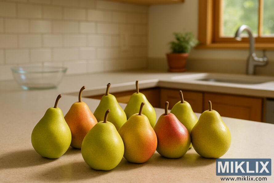Freshly harvested pears in varied ripeness on a beige kitchen countertop.