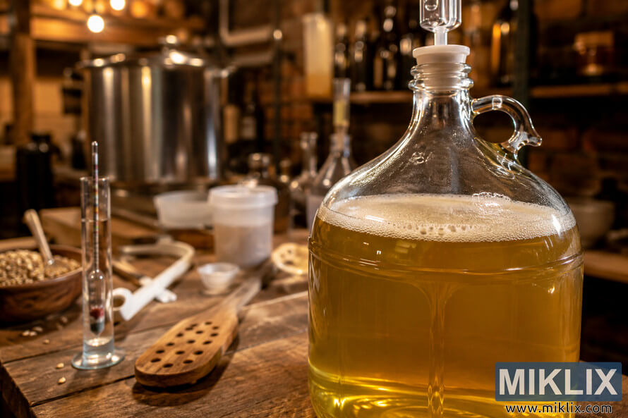 Close-up photograph of a glass carboy filled with pale golden fermenting wort on a wooden brewing table, surrounded by a hydrometer, stirring paddle, sanitized brewing containers, and other homebrewing tools under warm incandescent lighting, with a softly blurred brewing kettle visible in the background. Close-up photograph of a glass carboy filled with pale golden fermenting wort on a wooden brewing table, surrounded by a hydrometer, stirring paddle, sanitized brewing containers, and other homebrewing tools under warm incandescent lighting, with a softly blurred brewing kettle visible in the background.