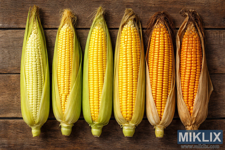 Five ears of corn arranged side by side on a wooden surface, illustrating stages of maturity from pale immature corn to dark, dried overripe corn.