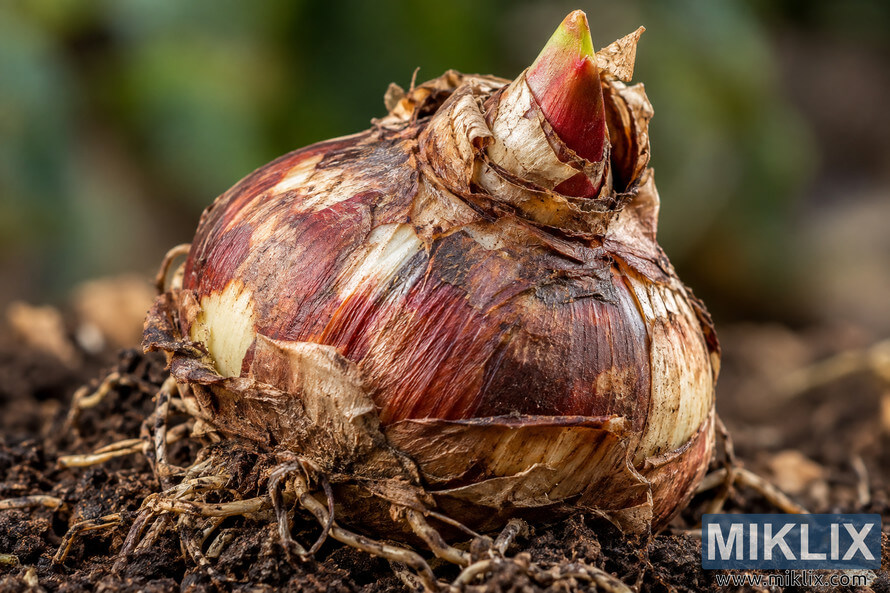 Macro close-up of a reddish-brown blood lily bulb with peeling papery layers, tangled roots, and a red-green shoot emerging from dark soil. Macro close-up of a reddish-brown blood lily bulb with peeling papery layers, tangled roots, and a red-green shoot emerging from dark soil.