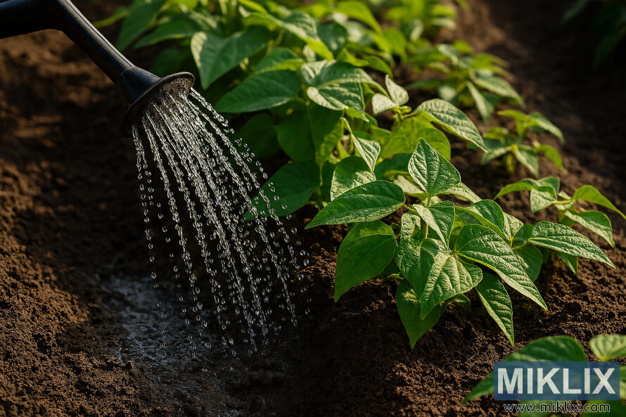 Kastelukannu levittÃ¤Ã¤ vettÃ¤ vihreiden papukasvien tyveen puutarhassa