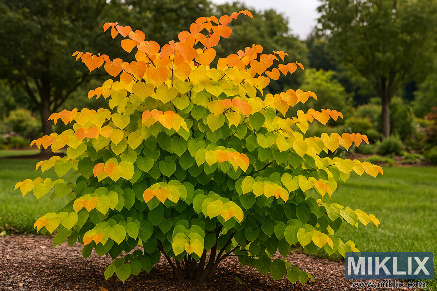 Photo de paysage dâun arbre Rising Sun Redbud montrant des feuilles neuves dorÃ©es-orangÃ©es en transition vers un feuillage jaune et vert dans un cadre de jardin.