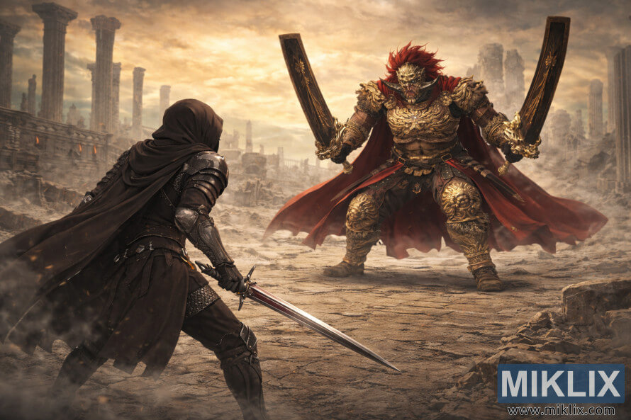 Anime-style fan art showing the Tarnished in Black Knife armor wielding a sword as Promised Consort Radahn steps closer in the ruins of Enir-Ilim before battle.