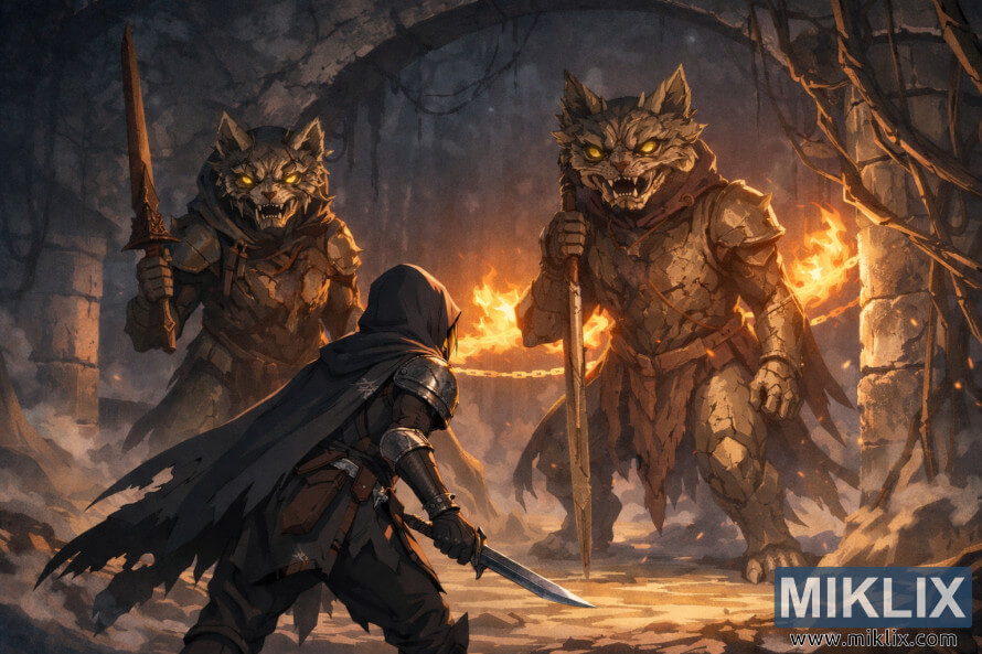 Cena ao estilo anime do Maculado com armadura de Faca Negra a enfrentar dois CÃ£es de Guarda da Sepultura da Ãrvore Ãurea numa catacumba flamejante pouco antes da batalha.