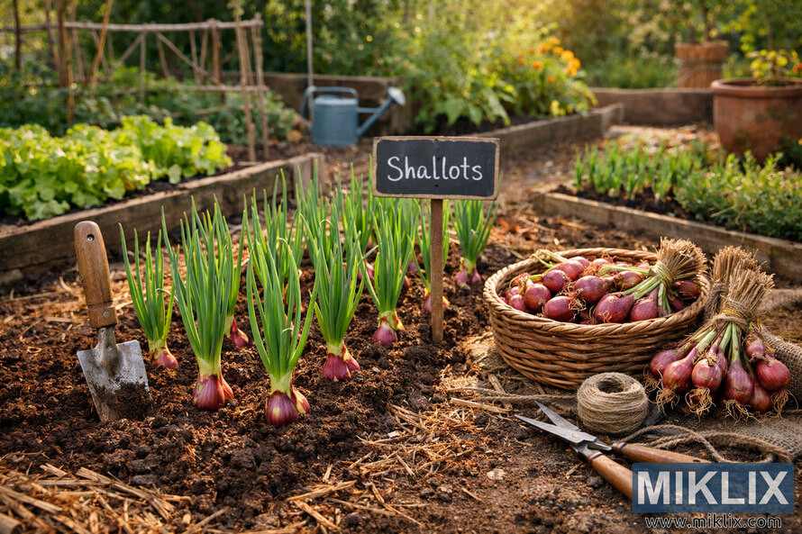 A home garden showing shallots growing in neat rows with gardening tools, a basket of harvested shallots, and a small chalkboard sign labeled 'Shallots' under warm morning sunlight.