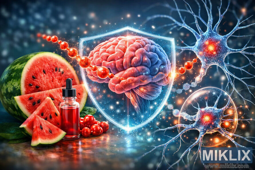 Digital illustration showing lycopene from watermelon protecting brain cells, featuring a glowing brain, neurons, and red molecular structures. Digital illustration showing lycopene from watermelon protecting brain cells, featuring a glowing brain, neurons, and red molecular structures.