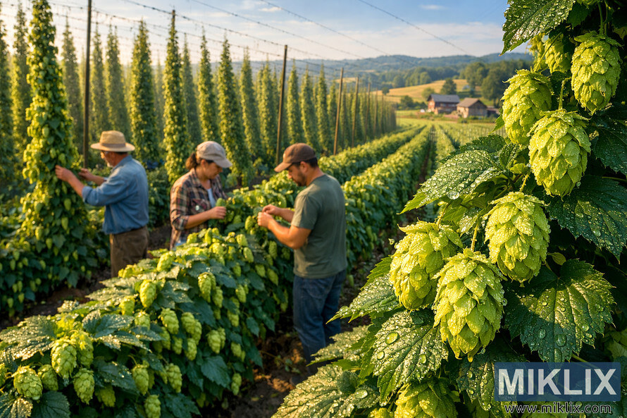 Dew-covered Tolhurst hop cones in the foreground with farmers tending lush green trellised rows under a blue sky and rolling hills.