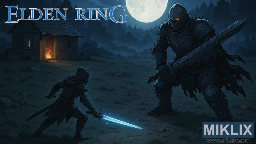 Fan art of Tarnished in Black Knife armor fighting Bell-Bearing Hunter at Hermit Merchant's Shack Fan art of Tarnished in Black Knife armor fighting Bell-Bearing Hunter at Hermit Merchant's Shack