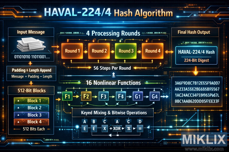 Futuristic infographic showing HAVAL-224/4 hashing flow: input message, padding/length append, 512-bit blocks, 4 processing rounds (56 steps each), nonlinear functions, bitwise mixing, and final 224-bit digest output.