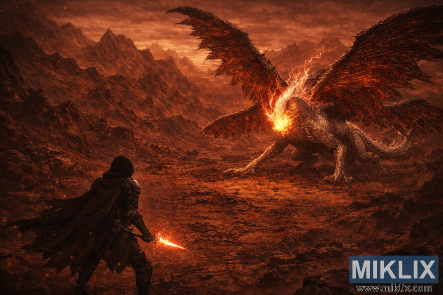 Illustration isométrique fantastique montrant le Terni vu de dos, faisant face au colossal Dragon Ancien Senessax sur un champ de bataille volcanique et ardent. Illustration isométrique fantastique montrant le Terni vu de dos, faisant face au colossal Dragon Ancien Senessax sur un champ de bataille volcanique et ardent.