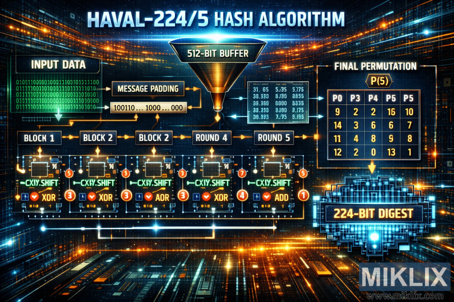 Футуристична діаграма, що показує потік даних хеш-алгоритму HAVAL-224/5 від вхідних блоків через п'ять раундів до 224-бітного дайджесту.