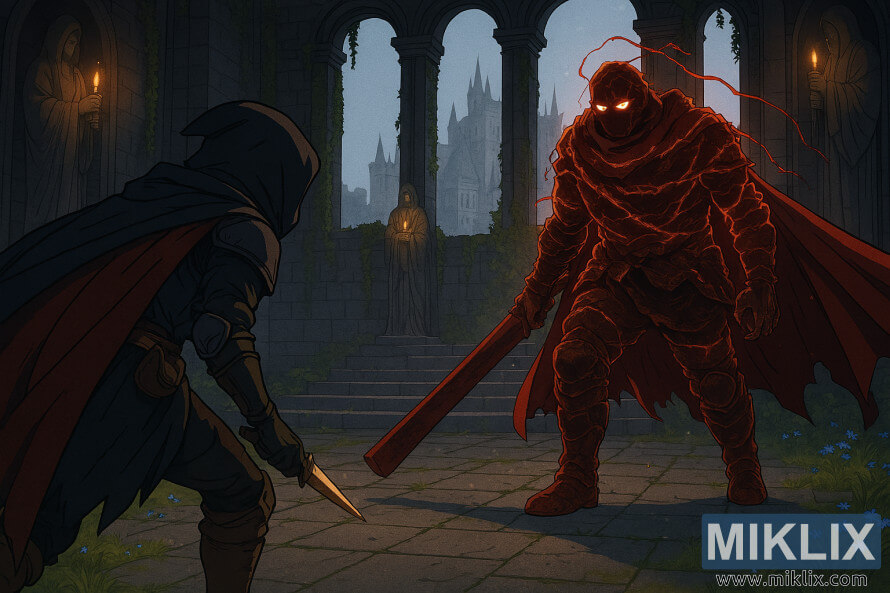 FanÃºÅ¡ikovskÃ½ obrÃ¡zok v anime Å¡tÃ½le s postavou PoÅ¡kvrnenÃ©ho v brnenÃ­ Äierneho noÅ¾a zozadu, tvÃ¡rou v tvÃ¡r bossovi Hunterovi s Bell-Bearing v Elden Ring's Church of Vows.