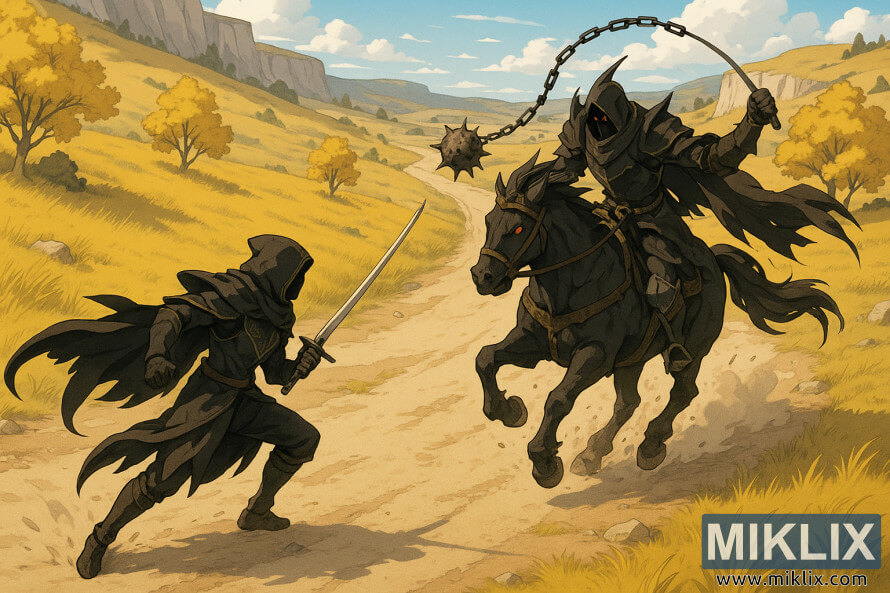 Isometric anime-style illustration of the Tarnished in Black Knife armor facing the Nightâs Cavalry on horseback along the Altus Highway in Elden Ring.