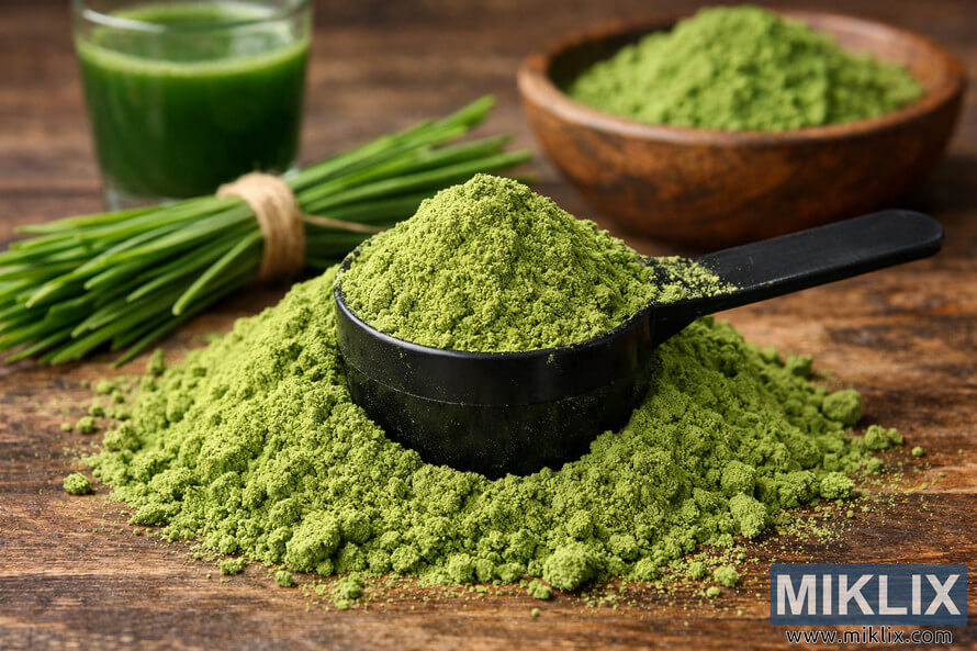 Landscape photo of a mound of bright green wheatgrass powder on a rustic wooden surface with a black measuring scoop partially buried in the powder, a tied bundle of fresh wheatgrass blades to the left, and a blurred glass of wheatgrass juice and a shallow wooden bowl of powder in the background. Landscape photo of a mound of bright green wheatgrass powder on a rustic wooden surface with a black measuring scoop partially buried in the powder, a tied bundle of fresh wheatgrass blades to the left, and a blurred glass of wheatgrass juice and a shallow wooden bowl of powder in the background.