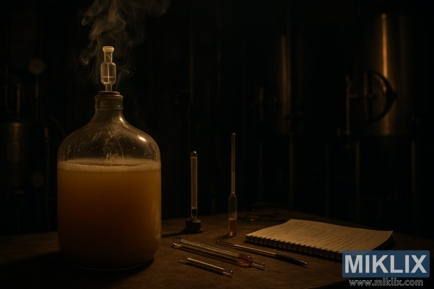 A dimly lit brewery with a cloudy fermenter steaming beside brewing tools on a workbench. A dimly lit brewery with a cloudy fermenter steaming beside brewing tools on a workbench.