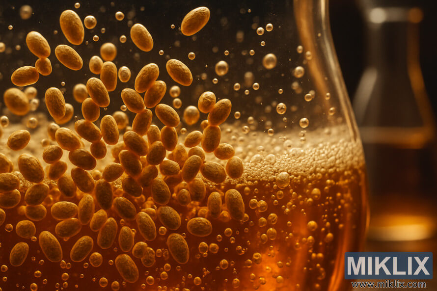 Krupni plan stanica kvasca u jantarnoj tekuÄini s mjehuriÄima koji se dižu pod toplim zlatnim svjetlom. Krupni plan stanica kvasca u jantarnoj tekuÄini s mjehuriÄima koji se dižu pod toplim zlatnim svjetlom.