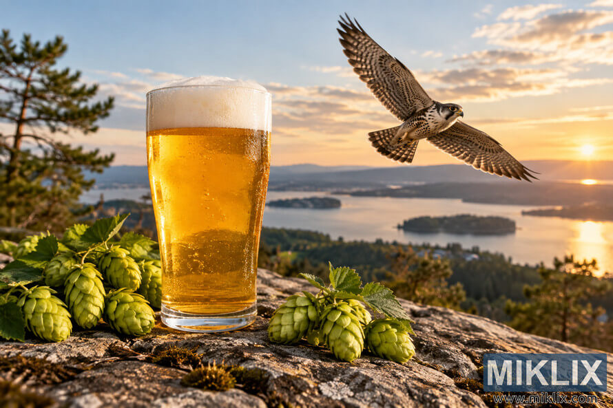 Golden Session IPA in a clear pint glass surrounded by fresh green hop cones on a rocky overlook, with a falcon flying above a lake and forested islands at sunset. Golden Session IPA in a clear pint glass surrounded by fresh green hop cones on a rocky overlook, with a falcon flying above a lake and forested islands at sunset.