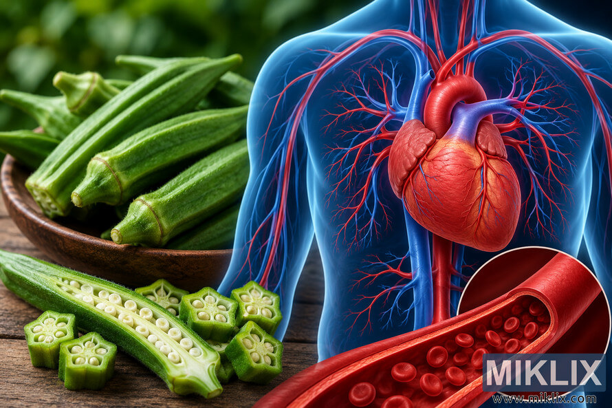 A landscape medical illustration combining fresh whole and sliced okra on a rustic wooden surface with a detailed anatomical visualization of the human cardiovascular system, featuring a realistic heart, branching arteries and veins, and a magnified cross-section of a healthy blood vessel filled with red blood cells. A landscape medical illustration combining fresh whole and sliced okra on a rustic wooden surface with a detailed anatomical visualization of the human cardiovascular system, featuring a realistic heart, branching arteries and veins, and a magnified cross-section of a healthy blood vessel filled with red blood cells.