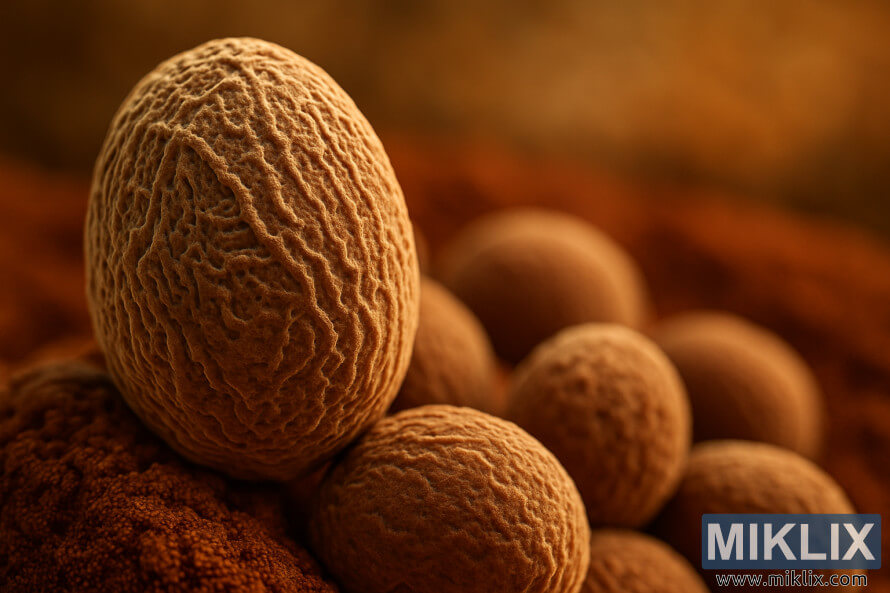 Close-up macro photograph of Belgian Dark Ale yeast cells with detailed textured surfaces in warm brown tones.