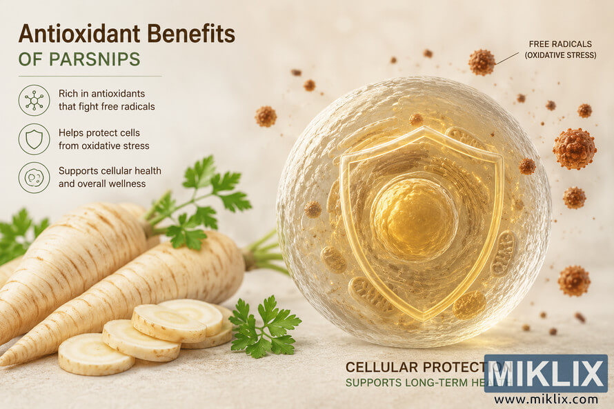 Educational infographic showing fresh parsnips with parsley beside a glowing biological cell protected by a golden shield, illustrating the antioxidant benefits of parsnips and symbolic cellular protection from oxidative stress. Educational infographic showing fresh parsnips with parsley beside a glowing biological cell protected by a golden shield, illustrating the antioxidant benefits of parsnips and symbolic cellular protection from oxidative stress.
