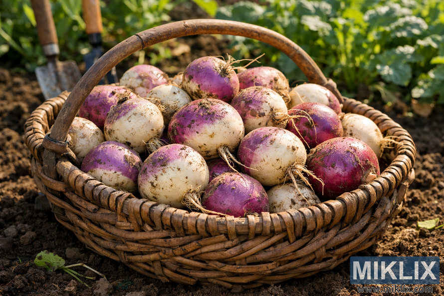 Freshly harvested purple and white turnips with trimmed tops resting in a rustic wicker garden basket on soil in a vegetable garden.