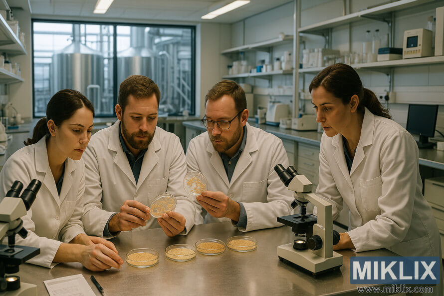 MikrobiologÃ«t shqyrtojnÃ« kolonitÃ« e majasÃ« nÃ« njÃ« laborator tÃ« ndritshÃ«m me pajisjet e prodhimit tÃ« birrÃ«s tÃ« dukshme jashtÃ«.