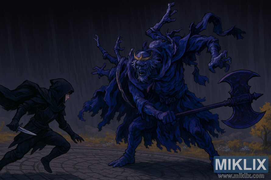 Seni peminat ala anime menunjukkan Perisai Pisau Hitam Berlumur Tarnished menerkam dengan keris ke arah Godefroy si Grafted yang berwarna biru-ungu sambil memegang kapak besar di arena Evergaol yang gelap.