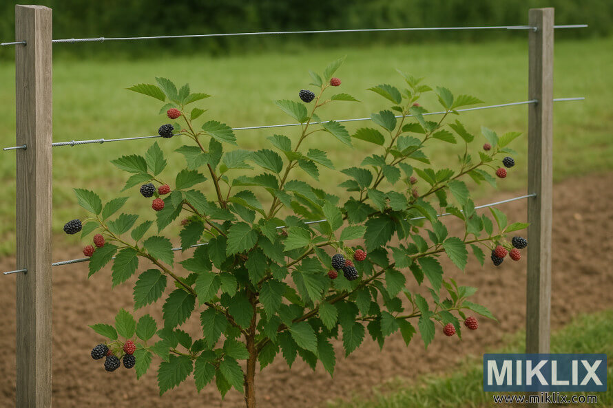 Un plant de mÃ»rier semi-dressÃ©, taillÃ© et palissÃ© sur un double treillis en T, avec des feuilles vertes et des mÃ»res en maturation, dans un champ bien entretenu.