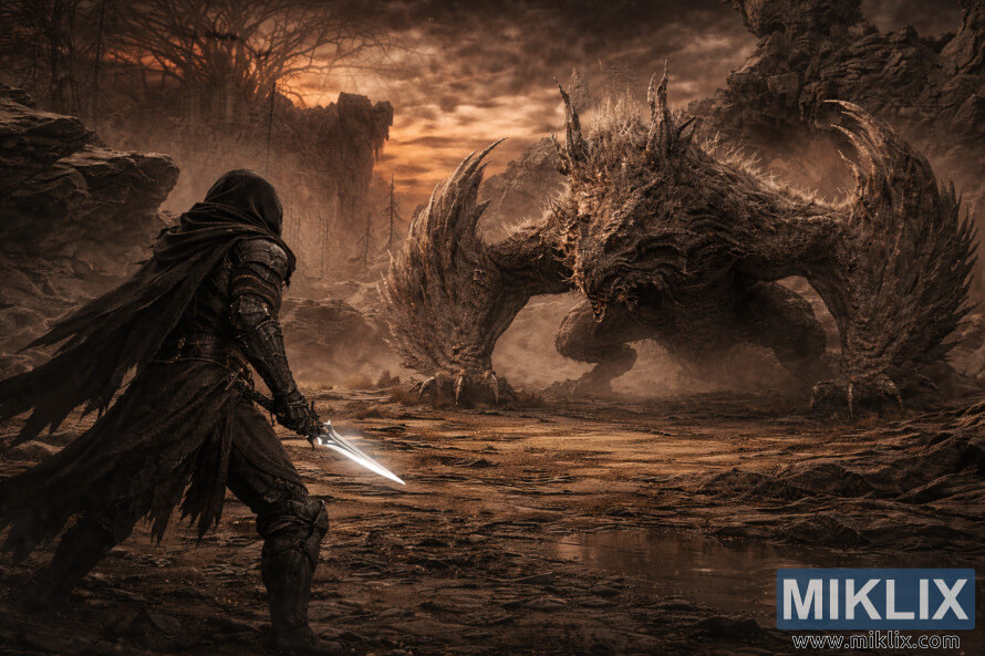 Szeroka, mroczna scena fantasy ukazujÄca Tarnished od tyÅu po lewej stronie, zwrÃ³conego w stronÄ kolosalnego Jagged Peak Drake'a poÅrÃ³d jaÅowego, skalistego krajobrazu pod ognistym niebem.