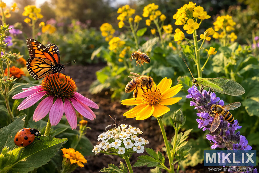 Monarch butterfly, honeybees, ladybug, and lacewing on colorful garden flowers with yellow mustard plants in the background.
