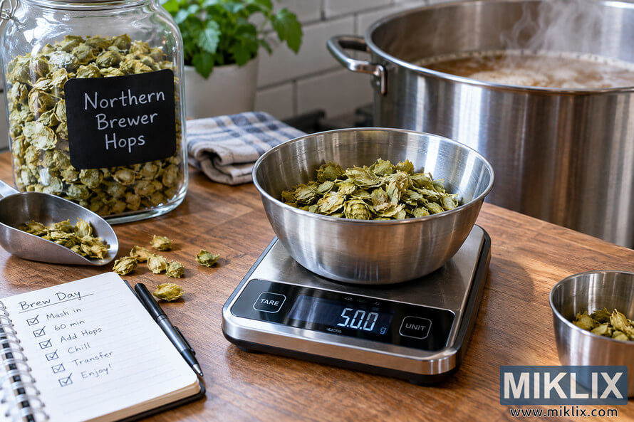 Close-up of Northern Brewer hops in a stainless-steel bowl on a digital scale during homebrew day, with a glass jar of hops, brewing notes, scoop, and steaming kettle on a wooden counter.