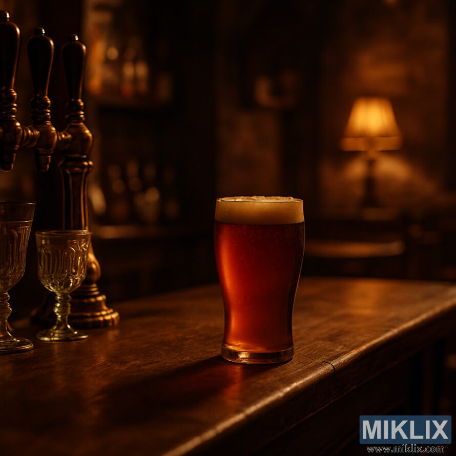 A pint of amber beer on a worn wooden bar in a dimly lit tavern with warm brass fittings and a glowing lamp in the background. A pint of amber beer on a worn wooden bar in a dimly lit tavern with warm brass fittings and a glowing lamp in the background.