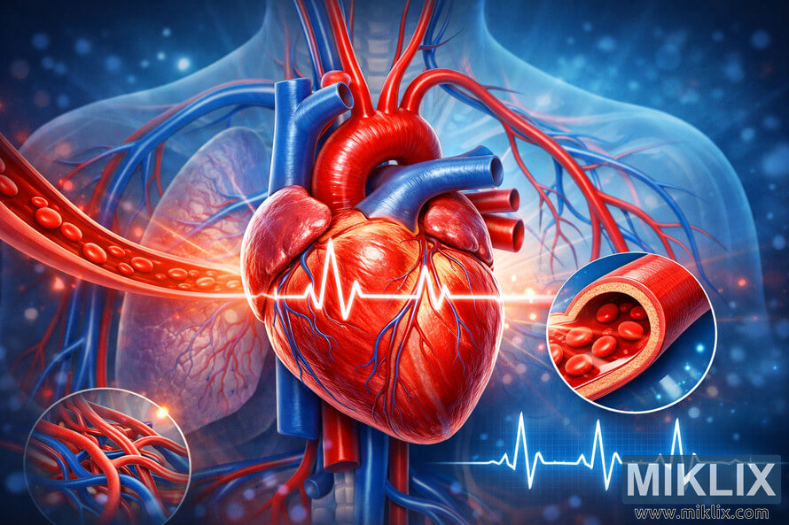Illustration of a healthy human heart with arteries and veins in red and blue, showing the cardiovascular system and an ECG line representing normal heart rhythm. Illustration of a healthy human heart with arteries and veins in red and blue, showing the cardiovascular system and an ECG line representing normal heart rhythm.